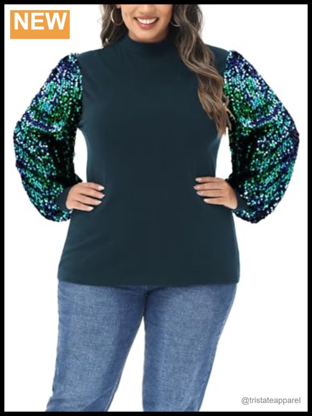 Plus Size Sequin Sweatshirt Mock Neck Balloon Sleeve Pullover Party Top